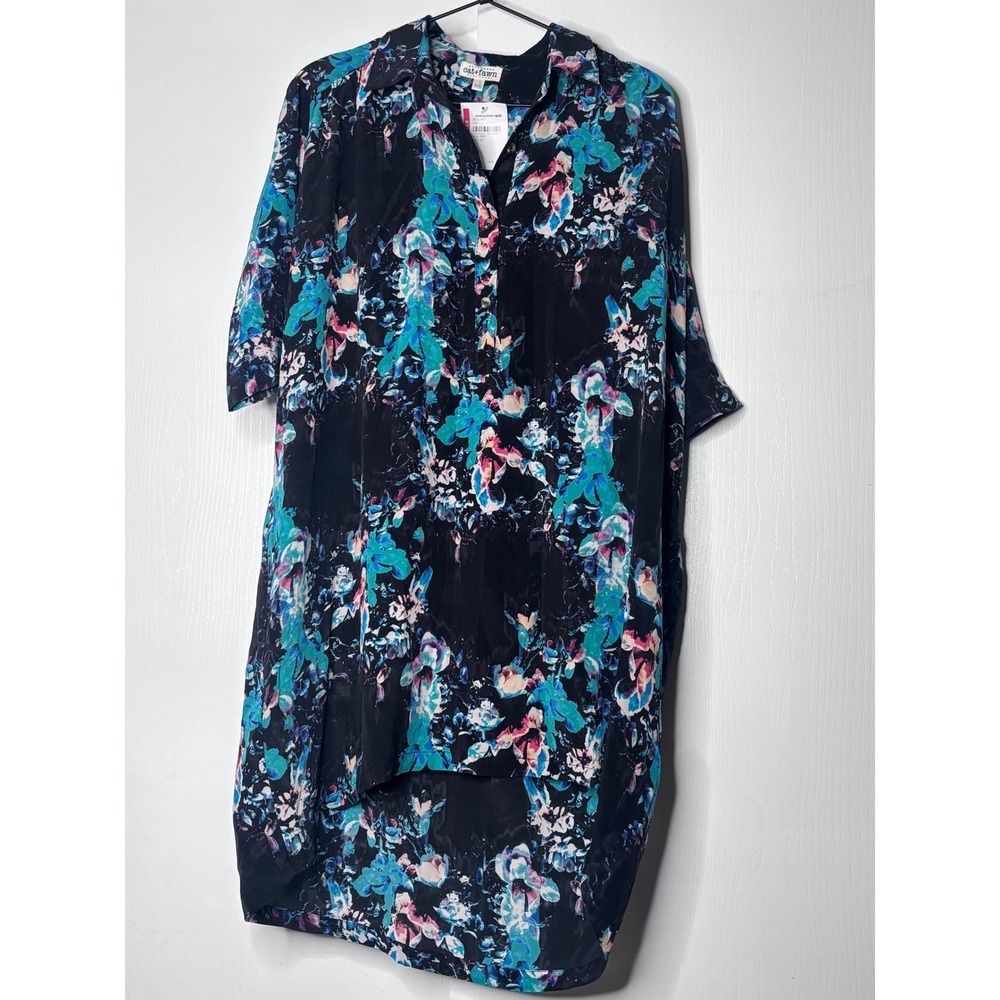 Oat + Fawn Womens Floral High Low Shirt Dress Black Teal Pink XS NWT